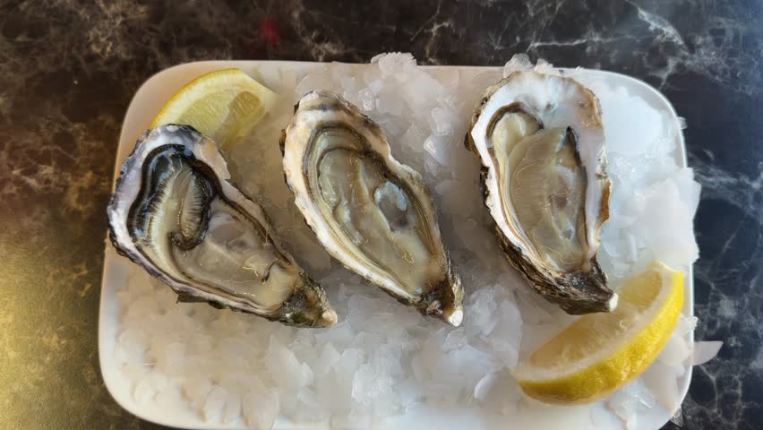 Normandy oysters served on a plate with ice and lemon. High quality 4k footage
