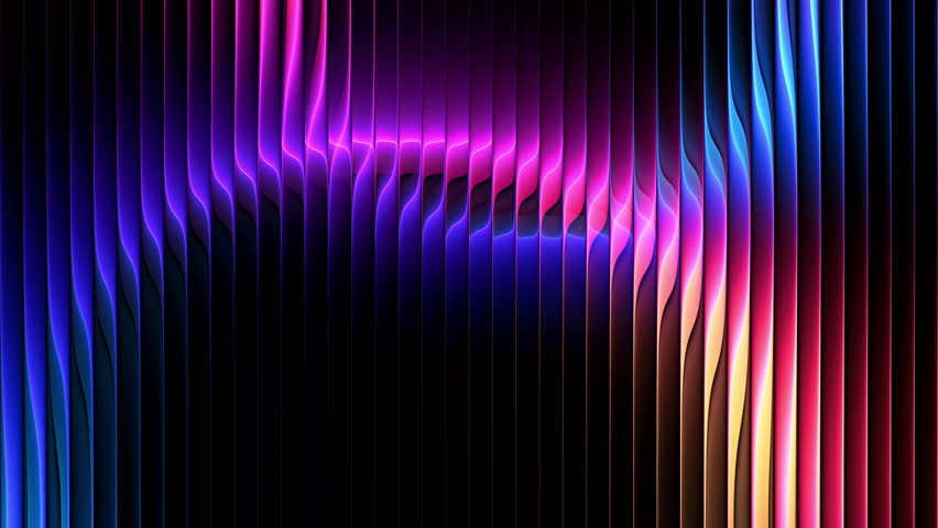 Colorful futuristic neon circles through textured glass. Luminous rings slowly rotating and distorted by ribbed glass for creative projects, digital screens and visual effects. Luminous gradients flow through reeded glass and bending light into abstract patterns. Reflected and refracted light with fluid distortions in ribbed glass surfaces for immersive visuals, music shows and digital performances. Seamless loop. 4K