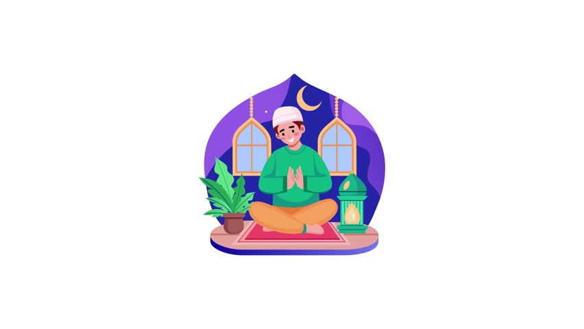 Flat animated illustration showing a character doing islamic prayer