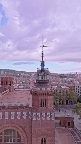 Aerial drone footage of castell dels tres dragons in barcelona