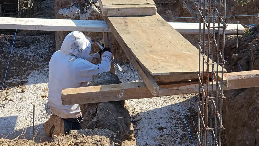 A bricklayer props up a wooden beam in an excavation trench