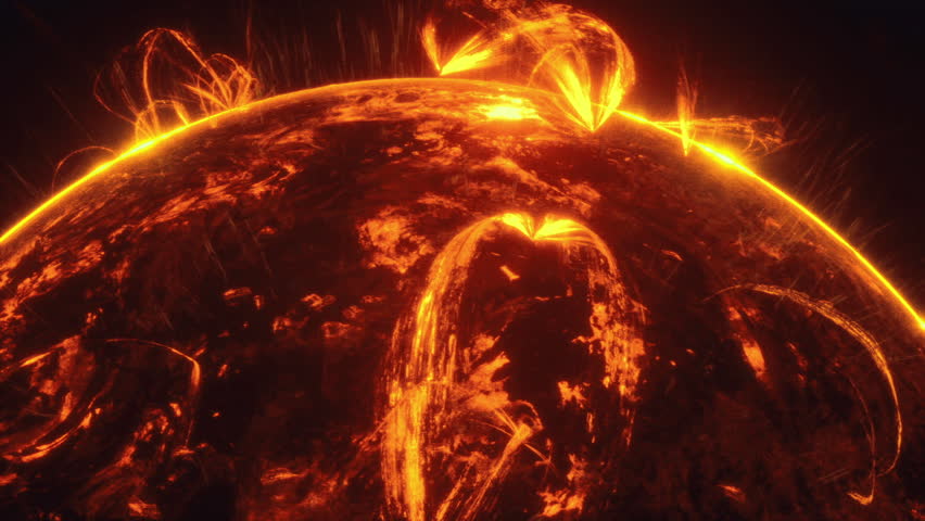 Solar storm cresting at dark horizon, towering plasma columns, radiant filaments casting orange illumination, dramatic contrast and kinetic motion.