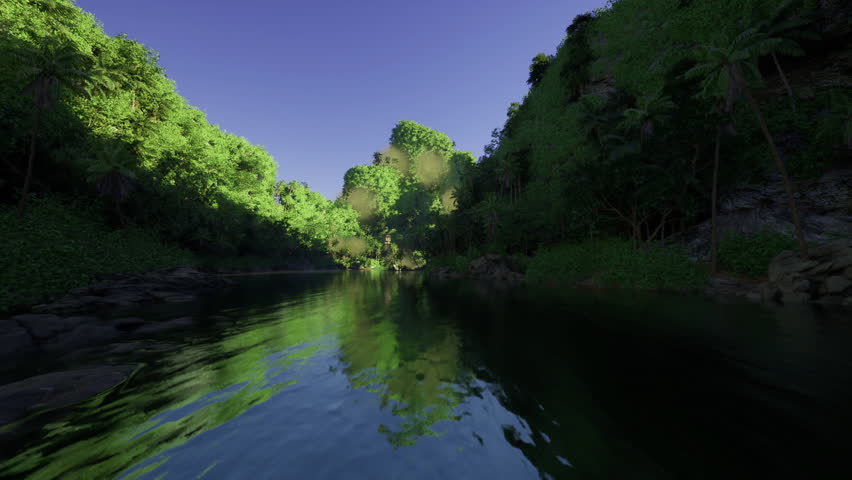 Misty river morning with soft light, low vapor hovering above glassy surface, dense foliage layers, bird songs hinted, field researchers sampling water,