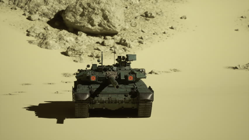 Assault tank advancing toward rocky stronghold, forward momentum visible, turret aimed, dust plume trailing, tense combat preparation impression.