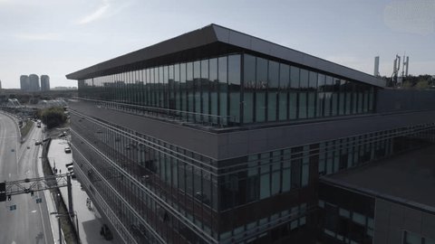 Drone Orbiting Close Moscow Business Center Facade