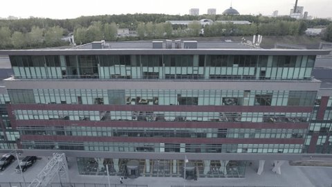 Drone Pulling Back Moscow Business Center Entrance