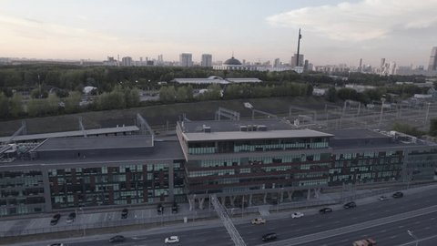 Drone Orbiting Moscow Business Center Sunset