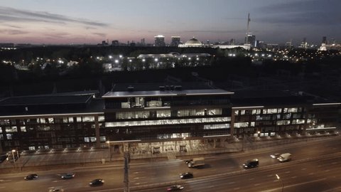 Drone Flying Backward over Moscow Business Center