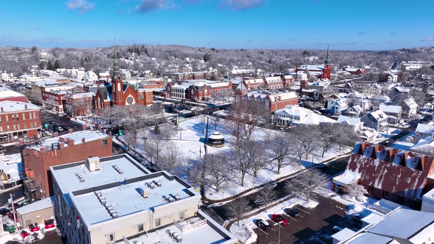 First Congregational Church and Town Common aerial view in winter on Central Street in historic town center of Natick, Massachusetts, USA.