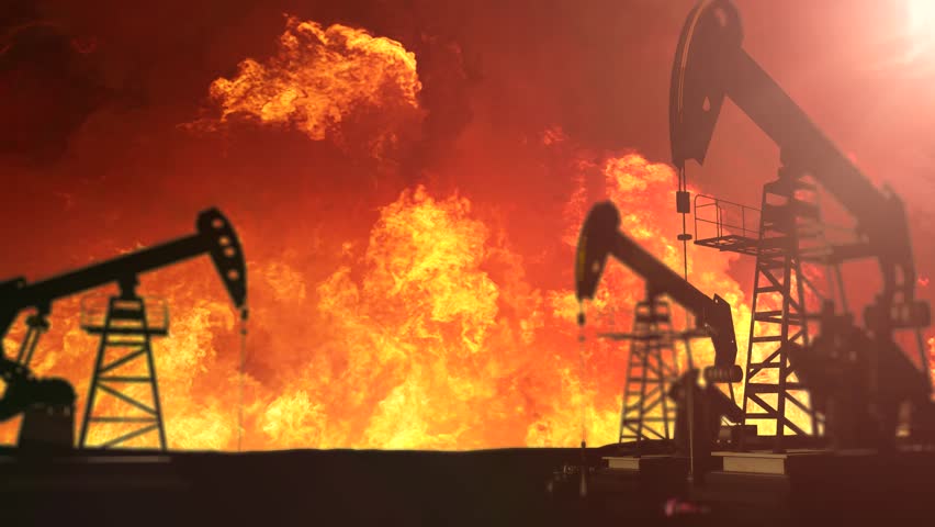 Oil pump jacks silhouettes against massive explosion and fire at oil field from missiles during the war with Iran dramatic 3D render concept