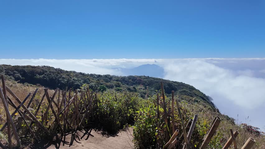 Mountain hiking trail at Kew Mae Pan Nature Trail in northern Thailand overlooking a dramatic sea of clouds. Scenic wooden path through alpine vegetation with breathtaking panoramic views.