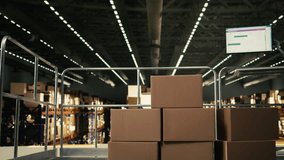 No people in modern warehouse facility with cardboard boxes in storage, computer screen running advanced tracking info. Monitor displays parcel tracking with shipping labels, ensure route protocol. - Powered by Shutterstock - Get 15% off with code: PIKWIZARD15