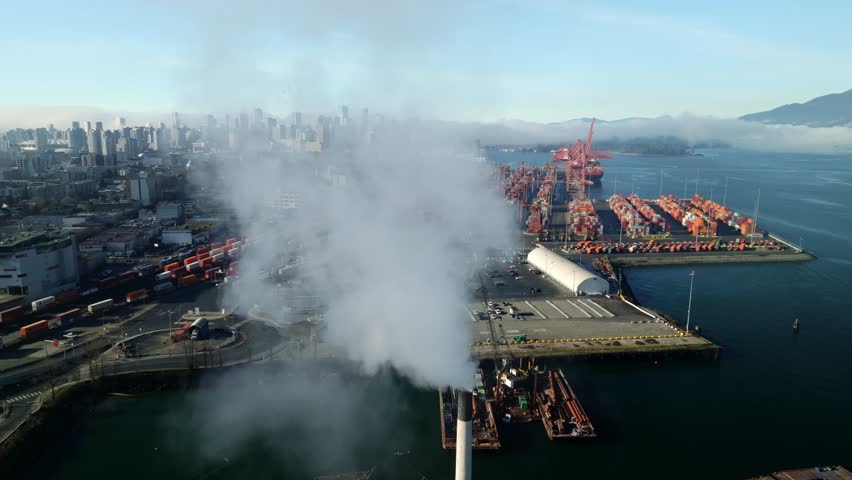 Drone Reveal Shot Of Container Terminal At The Port Of Vancouver, British Columbia, Canada