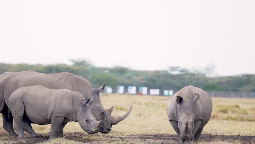 Three southern white rhinoceroses grazing together in open savannah grassland at Ol Pejeta Conservancy Kenya wildlife reserve