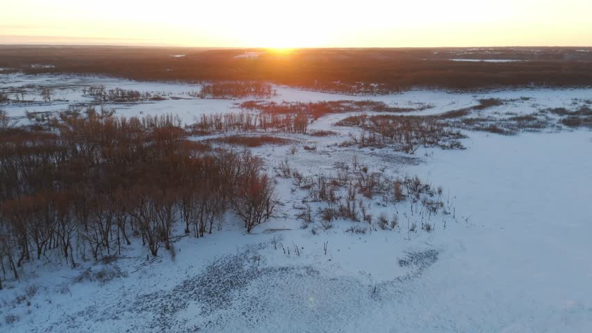 Sun goes down over the horizon with a forest and a prairie covered in fresh snow nature landscape