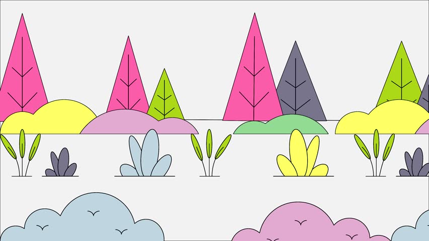 The animation shows a bright landscape of pink, green, and yellow trees along with various plants. A winding path cuts through the scene, adding to the playful design.