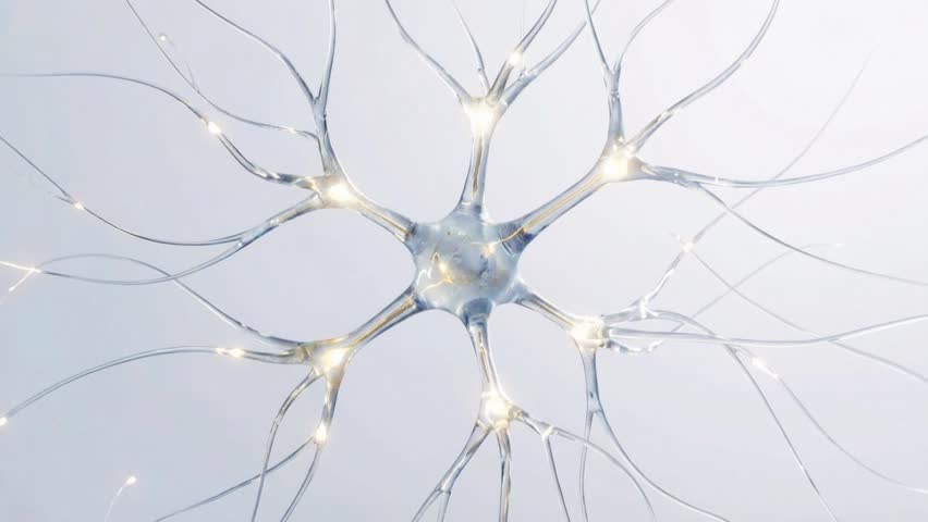 Glowing neuron cell sends electrical signal through branching dendrites and axon connections in motion