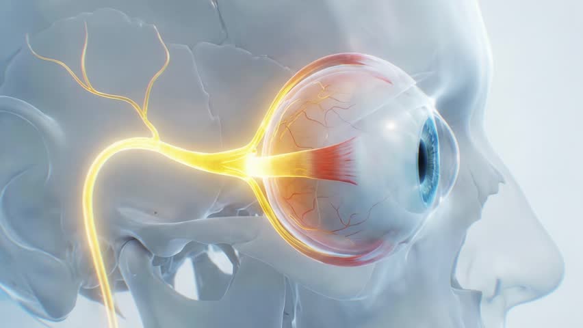 Light signal travels from the eye through the optic nerve into the brain in a transparent head anatomy view