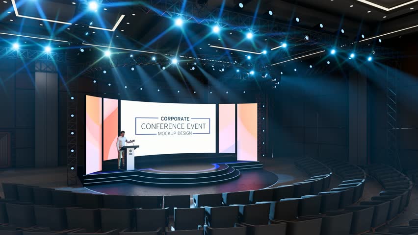 Curved LED conference event stage design, event mockup design. 3d render. 3d illustration.
