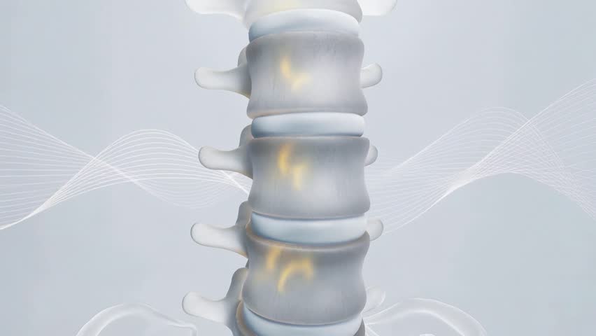 Animated lumbar spine vertebrae shifting as spinal nerves glow, showing back pain and nerve compression