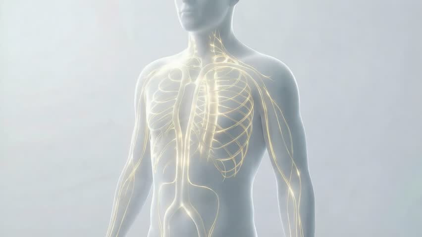Human torso with glowing nervous system pathways pulsing through chest, neck and arms in medical view