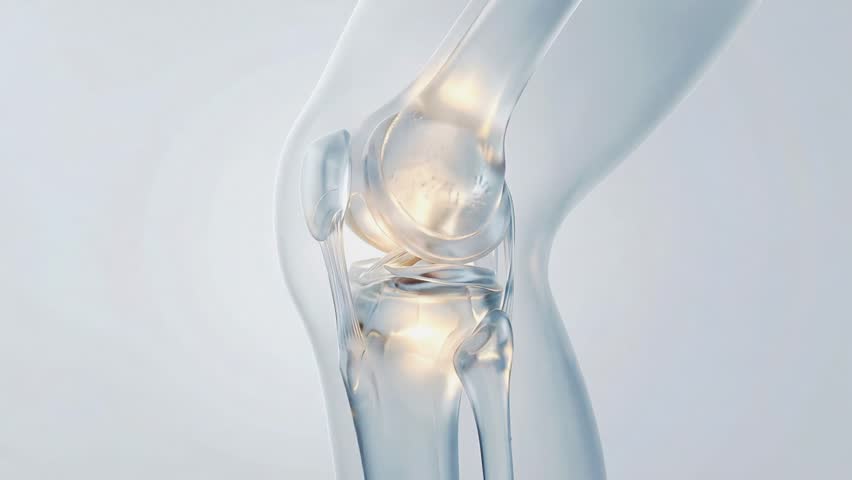 Transparent human knee joint bending and extending, showing bones, cartilage, ligaments and patella movement