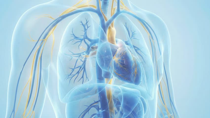 Transparent human chest showing heart beating as blood circulates through arteries, veins, and lungs anatomy
