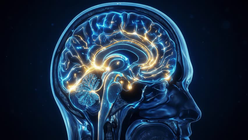 Human brain neural activity pulsing through cerebral cortex and cerebellum inside transparent head profile