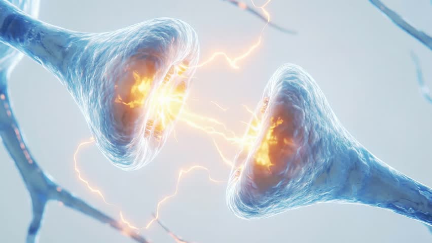 Neurons transmitting electrical signals across synapses in a connected nerve cell network with glowing impulses