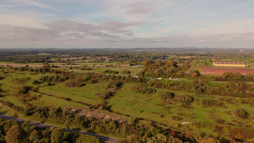 Portsmouth UK flight over the top of Swanick Hill alongside the Royal Armouries of Fort nelson with views across the countryside on bright sunny day