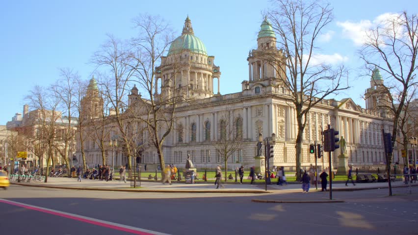4K 30FPS timelapse of Belfast City Hall in Belfast, Northern Ireland on a bright sunny day. Produced with Rec709 color.