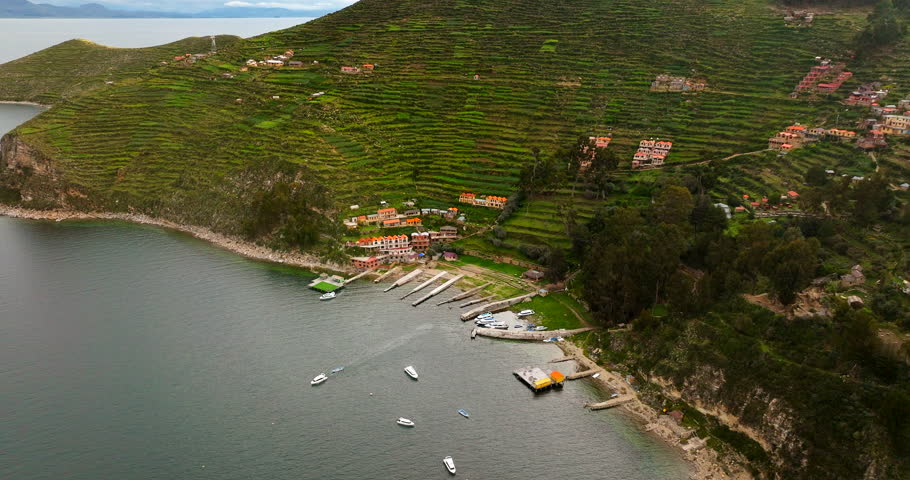 Port village sits on Isla del Sol, Lake Titicaca, Bolivia. Aerial