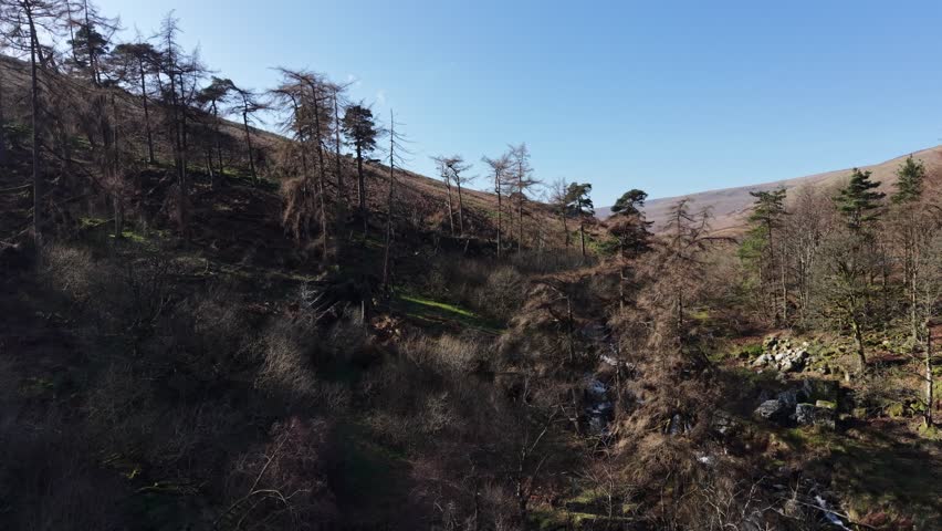 Spectacular Pistyll Rhaedr waterfall in HDR by drone - an upside down world abstract, North Wales, UK
