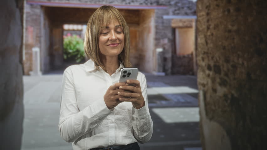 Woman holding smartphone and smiling while typing in a historic building corridor with stone walls and archway; quiet contentment.