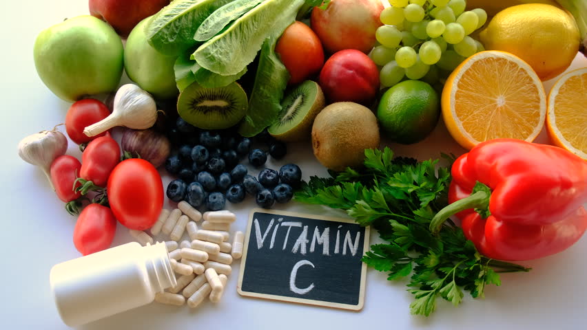 Products containing vitamin C. Selective focus.