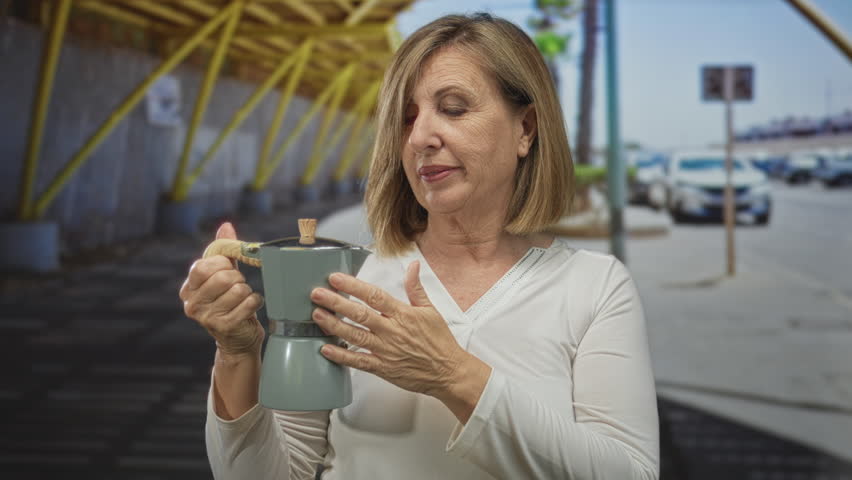 Caucasian middle aged woman holds green moka pot while covering mouth in yawn on urban street under daylight; fatigue.