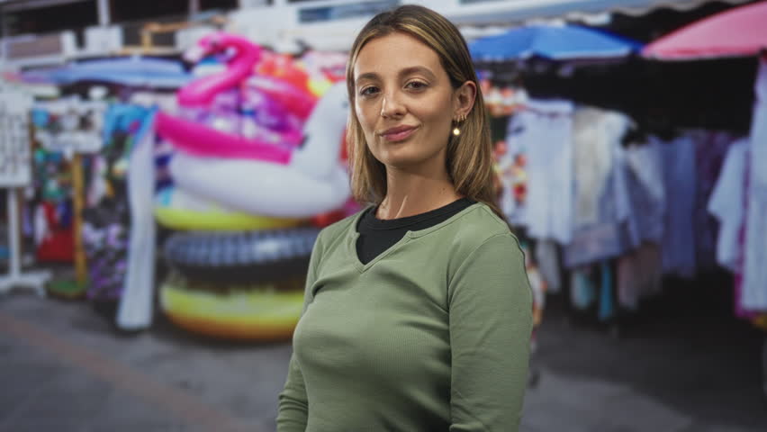 Woman smiling with face forward at a busy street market stall showing souvenirs and inflatable pool toys; casual confidence.