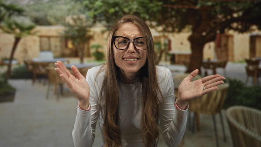 Woman in glasses shrugs with open palms and raised hands at a street restaurant terrace leaning forward amid outdoor tables and trees; confusion.