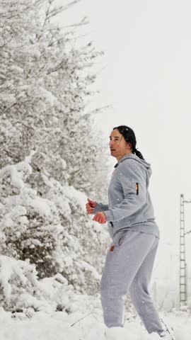 Man Kicks Snow. Man In Grey Hoodie Kicks In Snow. Athletic Man In Red Shoes Performing High Kick Outdoors. Man In Grey Outfit Executes Powerful Jump Amidst Snowcovered Trees With Intense Focus