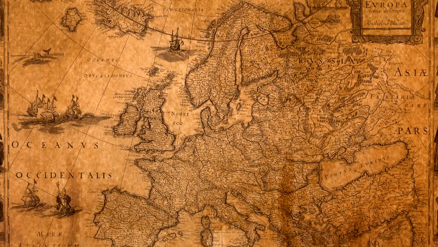 Slow zoom in on a different antique atlas map of Europe printed on aged paper with vintage typography and classic cartographic style.