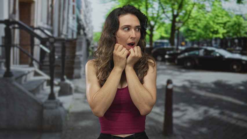 Young hispanic woman holds fingers near chin with open mouth on bustling city street; surprise.