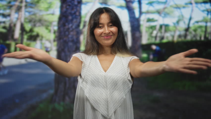 Woman, young latina brunette, with outstretched arms and open hands in park, smiling with closed eyes and relaxed posture; calm joy.