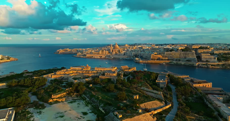Aerial view of Manoel island near Valletta at sunset. Mediterranean sea, Malta island