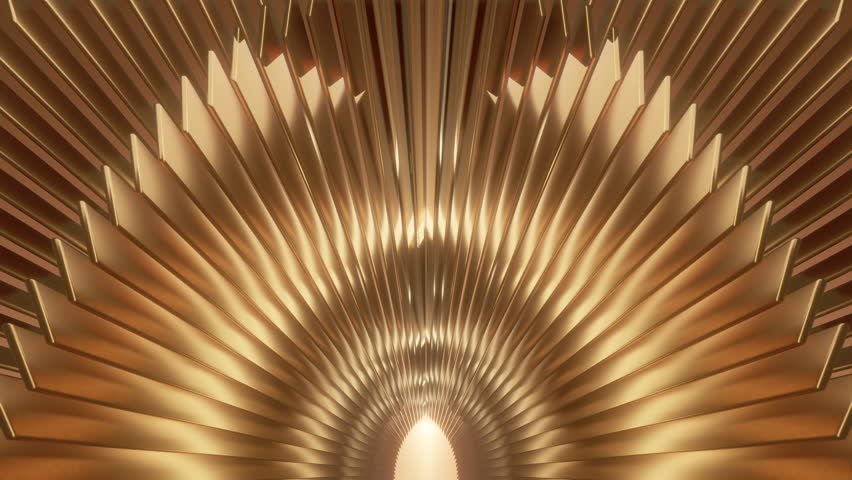 Elegant golden metallic radial fan pattern background. Shining bronze geometric symmetry luxury texture. Radiant light glowing center. Ideal for premium award backdrop corporate video.