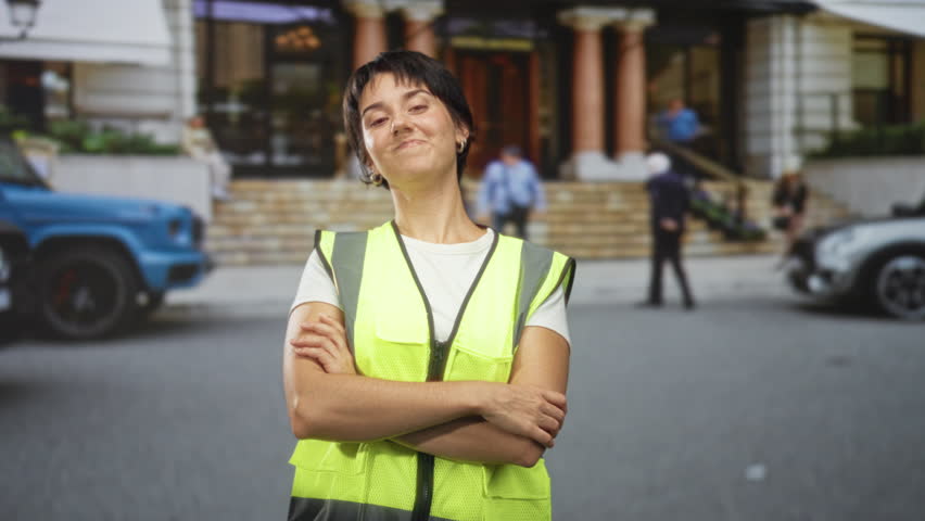 Woman in yellow safety vest with arms crossed smiling on street by building entrance steps and columns; confidence approachability.
