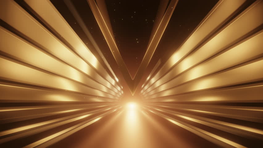 Abstract golden futuristic corridor background metallic diagonal lines converging bright light. High-end luxury aesthetic stage backdrop tech video motion graphics.