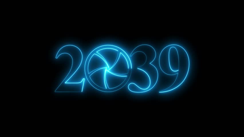 Blue 2039 Camera Shutter Animation, Glowing Photography Lens Aperture Year Text Technology Media Intro Seamless Loop Background