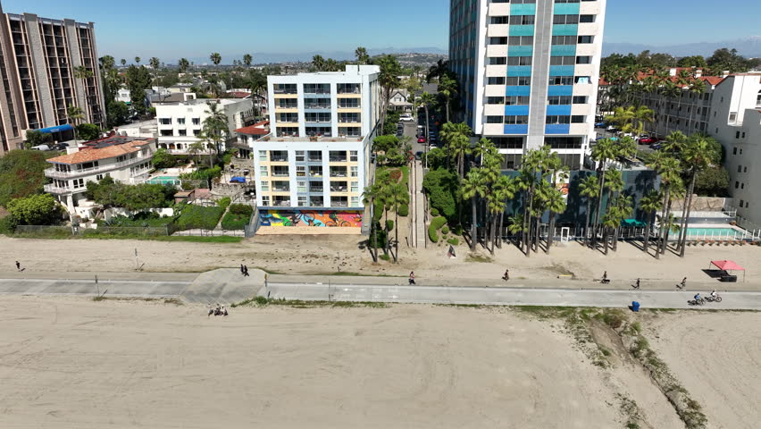 Long Beach, California, USA - Aerial View of Bike Path in Downtown Next to Ocean Front Condos