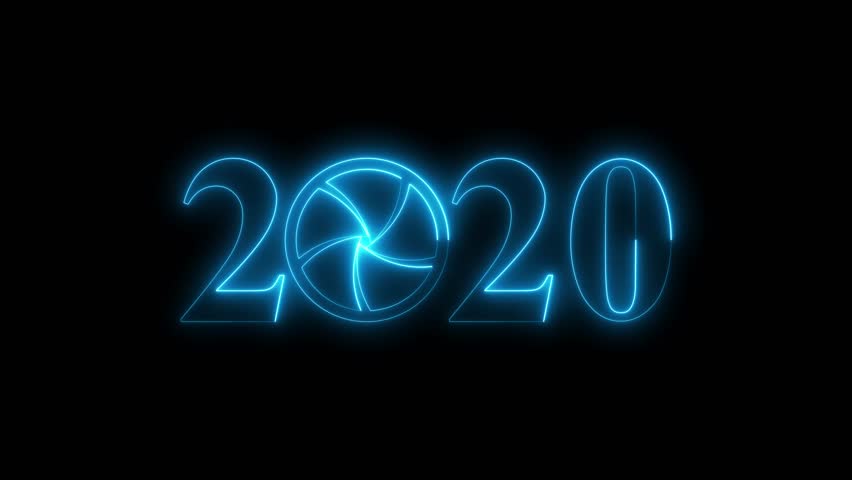 Neon 2020 Camera Shutter Animation, Blue Technology Light Year Text with Rotating Aperture Lens Effect, Video Production Theme Seamless Loop Background