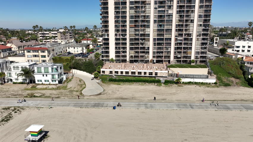 Long Beach, California, USA - Aerial View of Ocean Front Homes Next to the Bike Lane